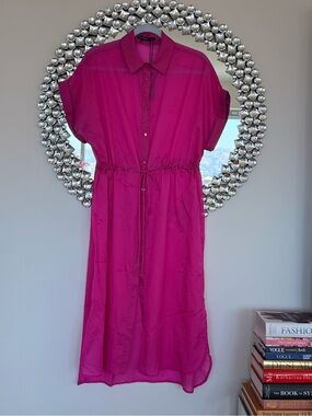 Lightweight Fuchsia Shirt Dress with Drawstring Waist